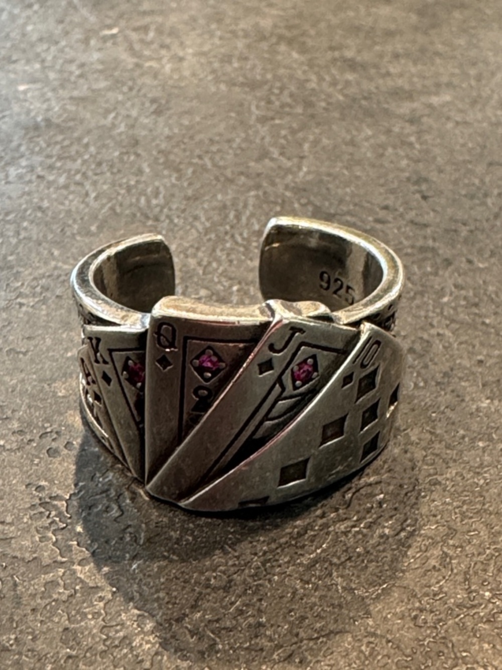 Vintage Style Silver Tone Wide Ring with Playing Card Accents